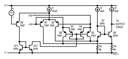 Figure 1. Over-The-Top Input Stage on LT6015 Can Common Mode to 76V, Independent of Positive Supply Voltage.