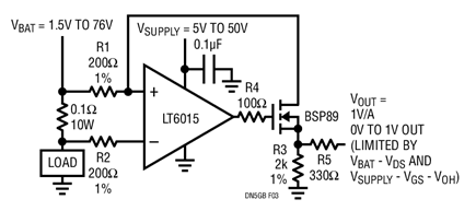 Figure 3. High Side Current Sense Amp Operates Up to 76V Even on a Single 5V Supply. FET Provides Feedback. Full Scale Output Is Limited by VBAT And VSUPPLY. The 330Ω Output Resistor Is Precautionary—See Text. For Robust Operation if VSUPPLY Goes Low or Is Removed Completely, All Inputs Go High Impedance So VBAT Is Not Loaded.