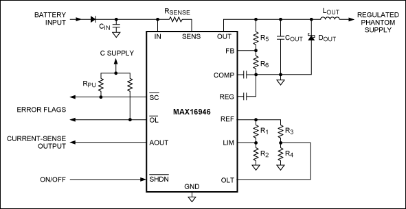 Figure 1. Typical operating circuit of the MAX16946 remote antenna CSA and switch.