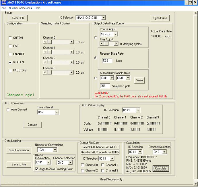 Figure 4. The MAX11040EVKIT GUI allows a user to conveniently set various measurement conditions: 12.8ksps, 256 samples/cycle, and 1024 as the number of conversions. Additionally, the calculation section of the GUI provides a convenient tool for engineering fast evaluations.