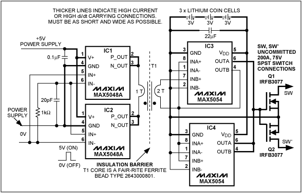 Figure 1. This circuit enables a 5V logic signal to control an uncommitted (isolated) power switch (Q1–Q2) capable of handling 200A pulses at 75V.