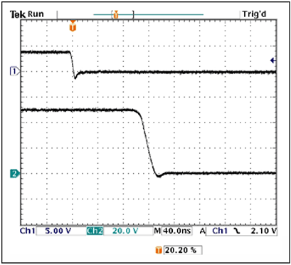 Figure 8. Fall time and OFF propagation delay from Figure 6, viewed at a 40ns/cm sweep rate.