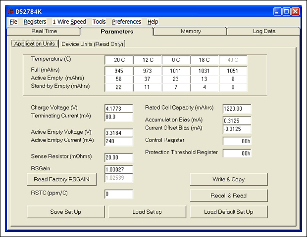 Figure 1. The Application Units subtab of the Parameters Tab allows the user to enter application data in conventional units, such as mA, V, mAhrs, and mΩ.