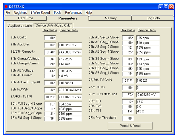 Figure 2. The Device Units subtab of the Parameters Tab shows the parameters that are actually stored in the DS2784.