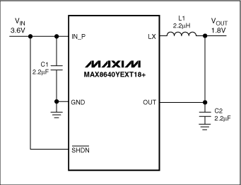 Diagram of MAX8640Y is used within a simple, step-down SMPS circuit.