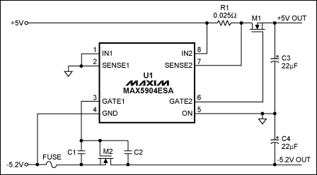 Figure 2. A single-chip solution provides inrush-current-limited turn-on functionality to positive and negative supplies, but without a circuit-breaker function on the -5.2V channel.