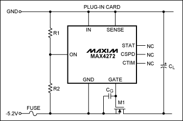 Figure 3. A single-chip design provides hot-swap control without circuit-breaker function on a single negative supply, while also allowing for adjustment of the turn-on voltage.