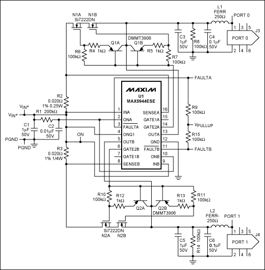 Figure 2. The connections required for Maxim's UL Recognized dual-port FireWire protective circuit