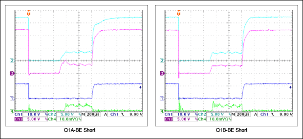 Figure 9B. Waveforms showing the effects of a Q1A or Q1B base-emitter short. Operation is shown to be similar to that of the reference waveform with no unusual behavior