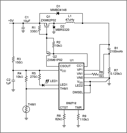 Figure 7. Schematic shows a single-cell NiMH charging from a USB port.