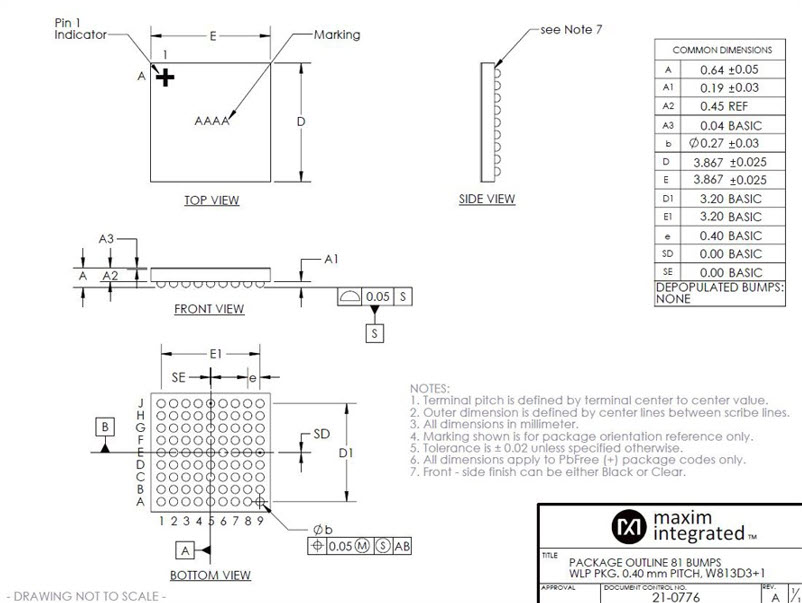 Package outline drawing of a 0.4mm pitch WLP.