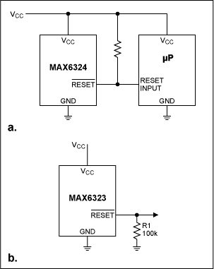 Figure 2. Output stage connections: open-drain MAX6324 (a), and push-pull MAX6323 (b).