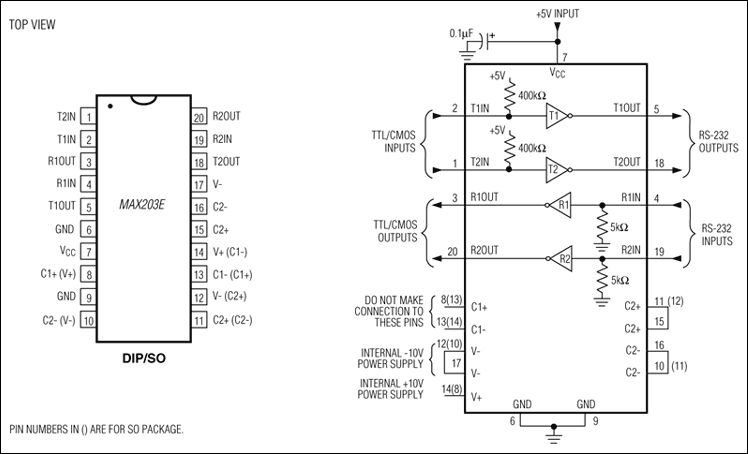 MAX202E, MAX203E, MAX205E, MAX206E, MAX207E, MAX208E, MAX211E, MAX213E, MAX232E, MAX241E: Typical Operating Circuits