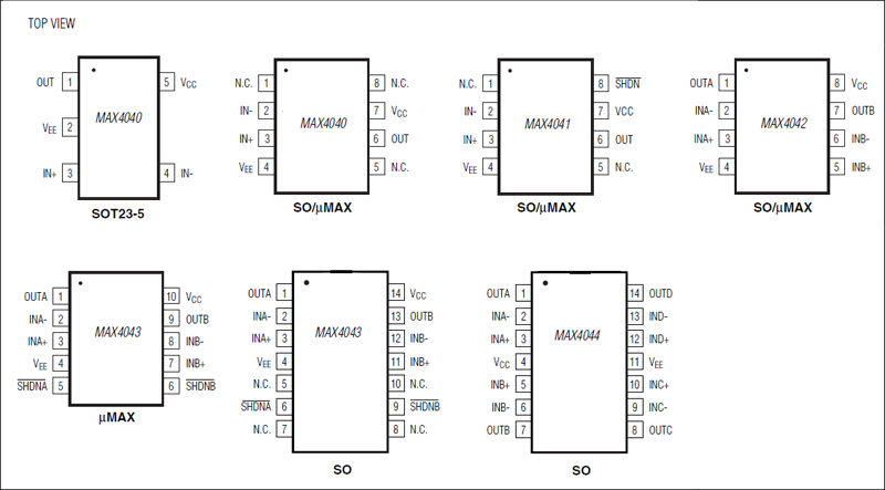 MAX4040, MAX4041, MAX4042, MAX4043, MAX4044: Pin Configurations