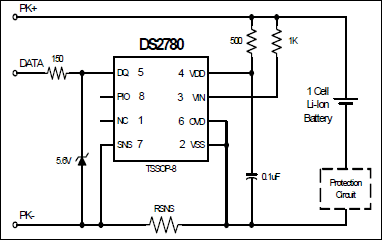 DS2780 measures voltage, temperature and current, and estimates available capacity for rechargeable Lithium Ion and Lithium Ion Polymer batteries | Typical Operating Circuit