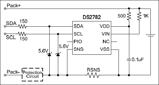 DS2782 measures voltage, temperature and current, and estimates available capacity for rechargeable lithium ion and lithium-ion polymer batteries | Typical Operating Circuit