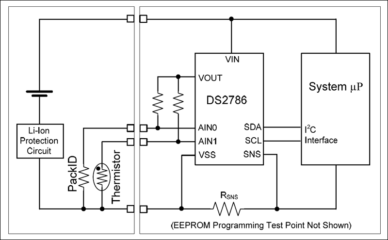 DS2786 estimates available capacity for rechargeable Li-Ion and Li-Ion Polymer batteries | Typical Operating Circuit