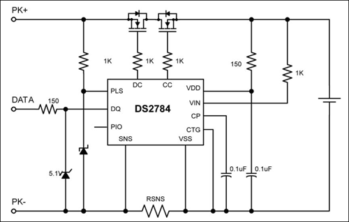 DS2784 operates from 2.5V to 4.6V for integration in battery packs using a single lithium-ion (Li+) or Li+ polymer cell | Typical Operating Circuit