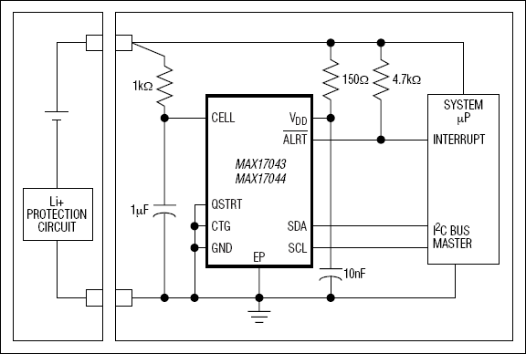 Ultra-compact, low-cost, host-side fuel-gauge systems for lithium-ion (Li+) batteries in handheld and portable equipment| Simplified Operating Circuit