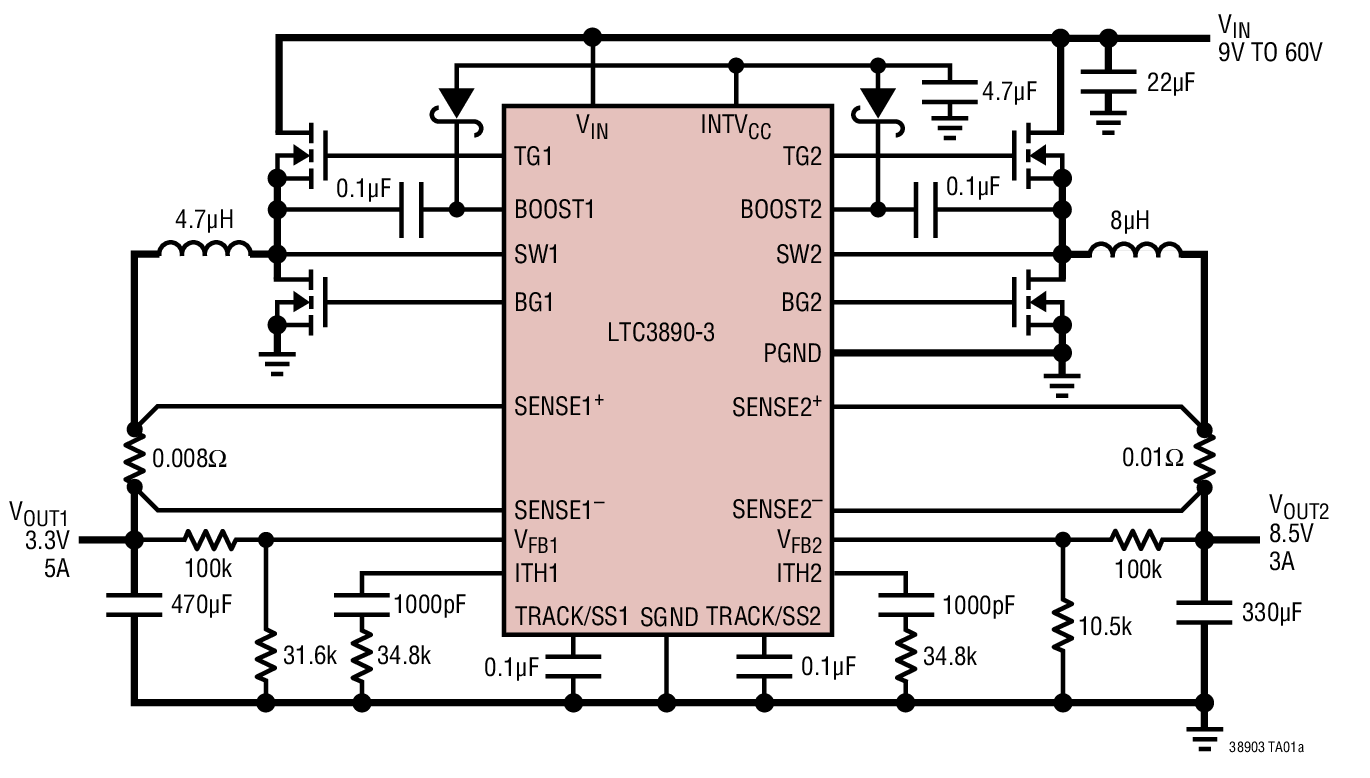 High Efficiency Dual 8.5V/3.3V Output Step-Down Converter