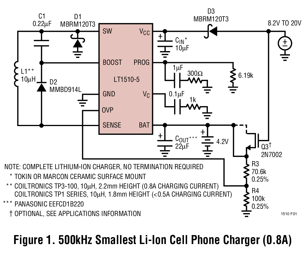 LT1510: 500kHz Smallest Li-Ion Cell Phone Charger (0.8A)