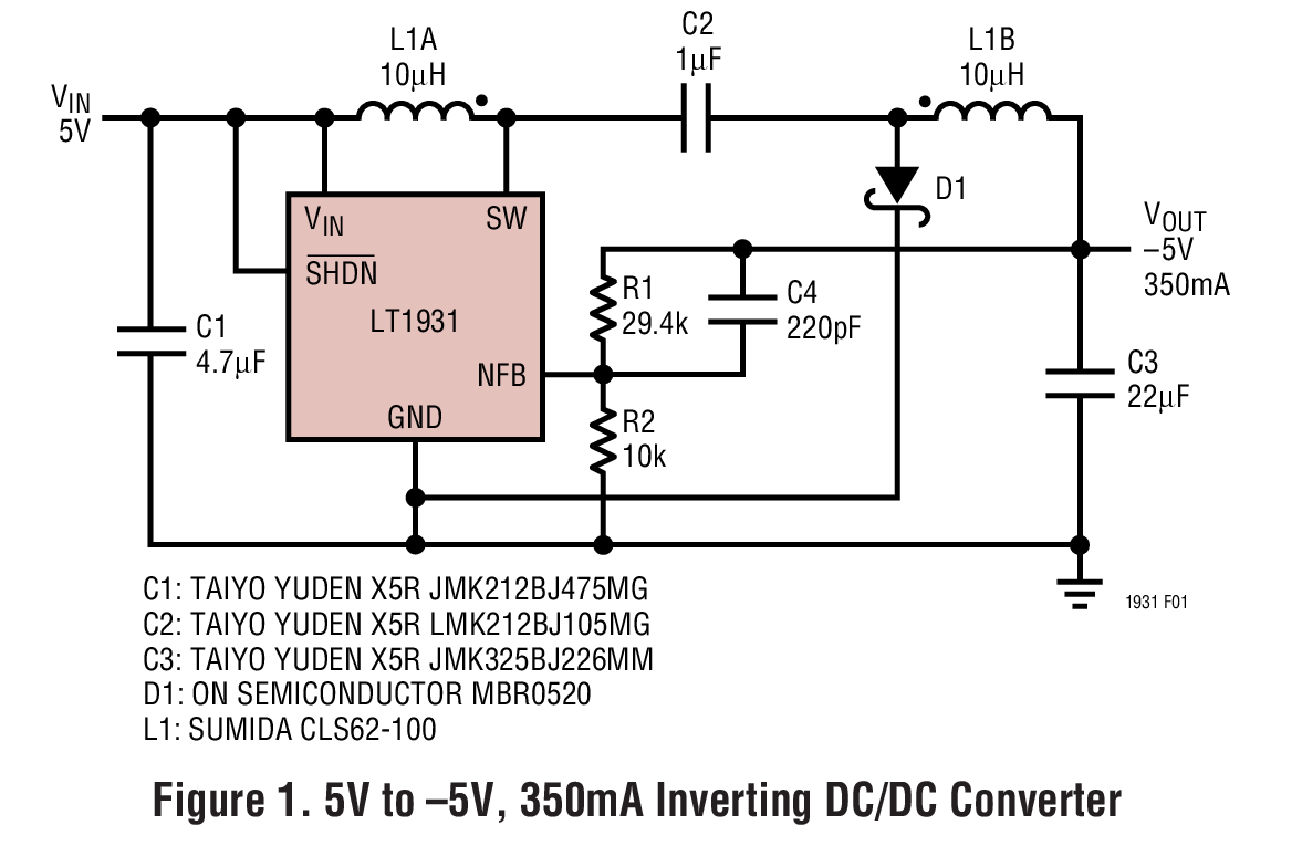 5V to –5V, 350mA Inverting DC/DC Converter