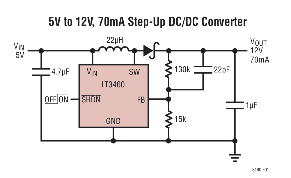5V to 12V, 70mA Step-Up DC/DC Converter