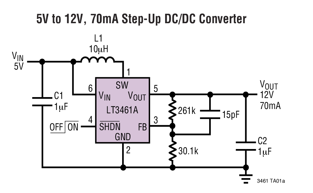 5V to 12V, 70mA Step-Up DC/DC Converter