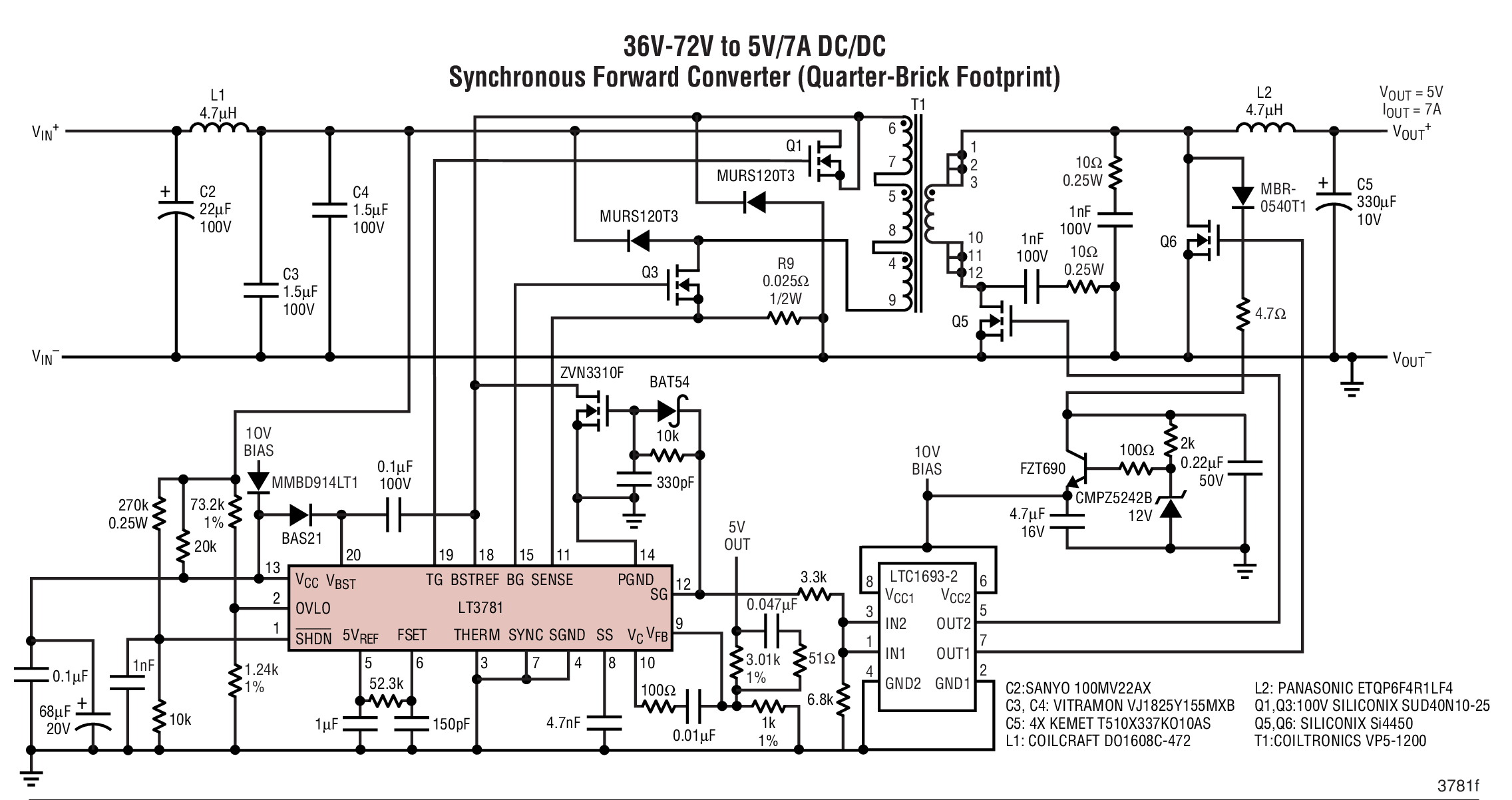 36V-72V to 5V/7A DC/DC Synchronous Forward Converter (Quarter-Brick Footprint)