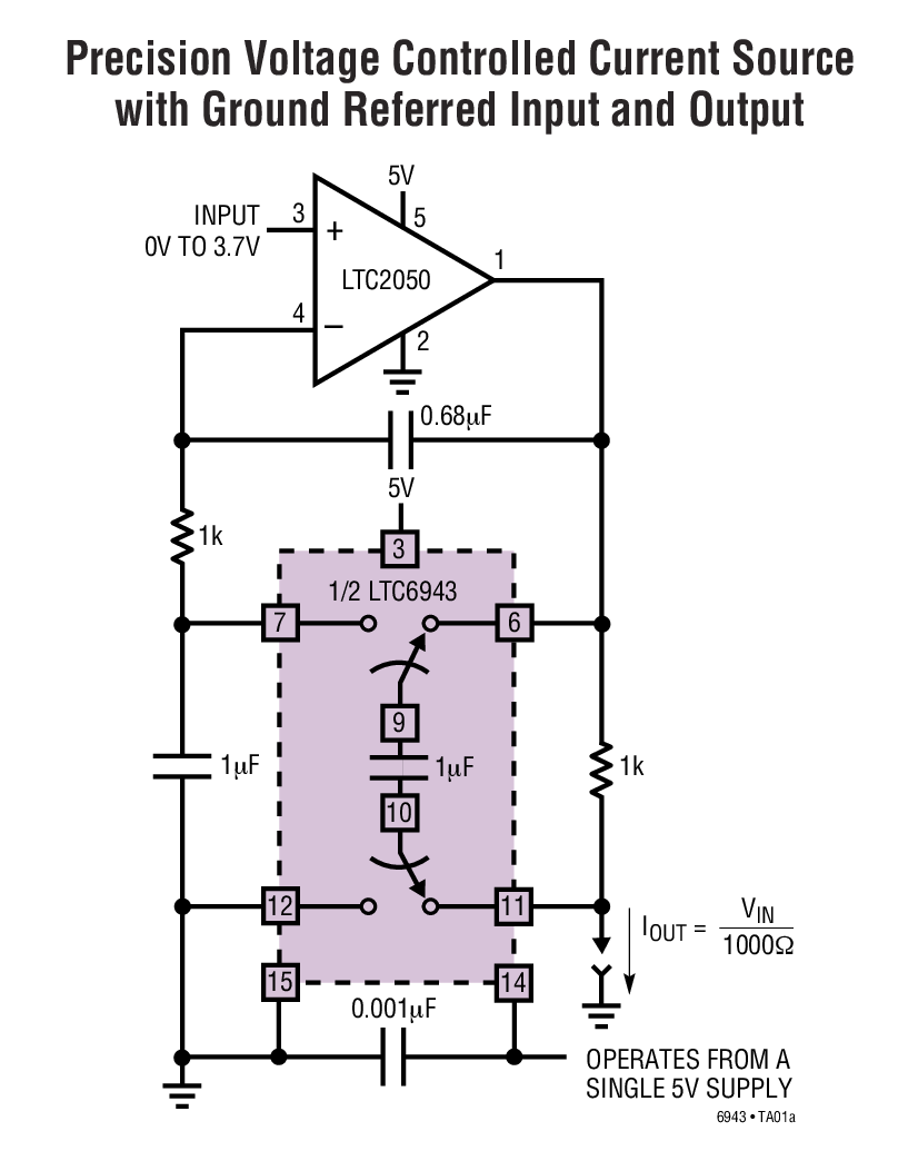 Precision Voltage Controlled Current Source with Ground Referred Input and Output
