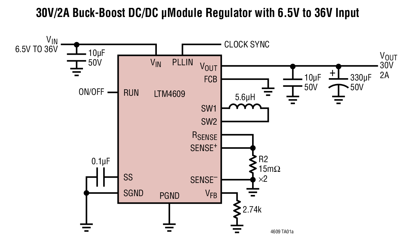 30V/2A Buck-Boost DC/DC μModule Regulator with 6.5V to 36V Input