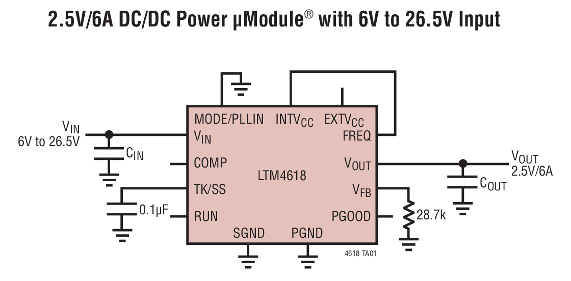 2.5V/6A DC/DC Power μModule® with 6V to 26.5V Input