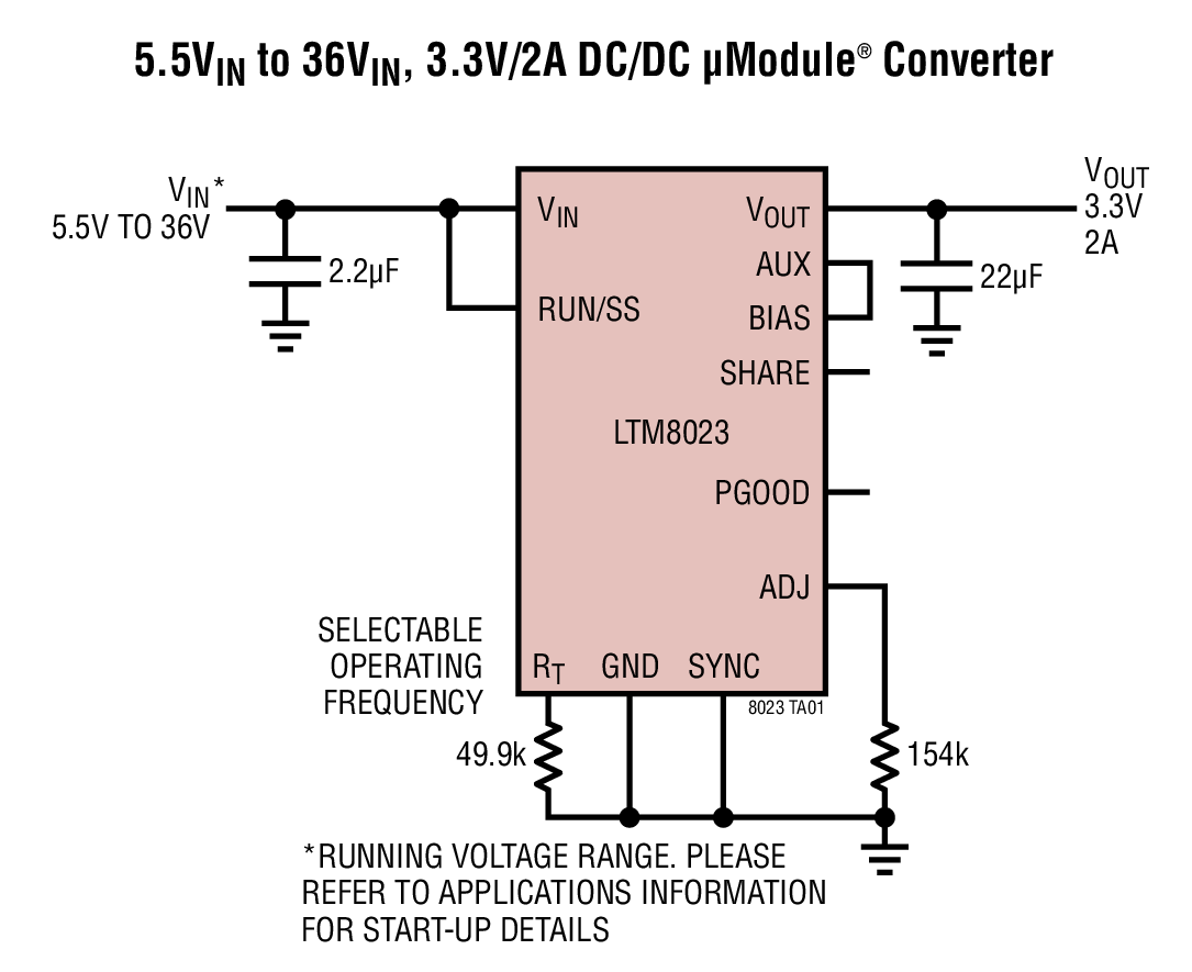 5.5VIN to 36VIN, 3.3V/2A DC/DC μModule® Converter