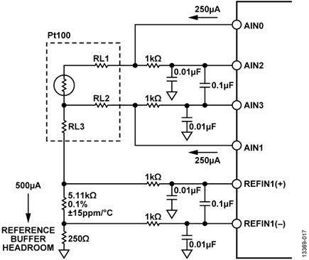Figure 17. AD7124-4/AD7124-8 Configuration for 3-Wire RTD Measurement Using the Current Chopping Measurement Technique