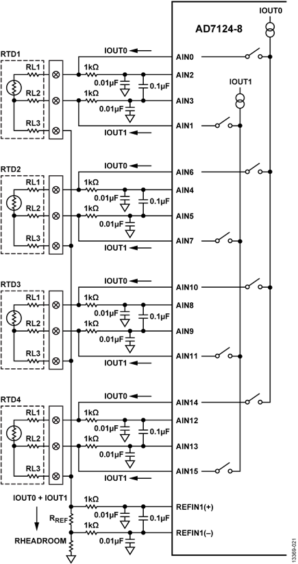 Figure 21. AD7124-8 Multiple 3-Wire RTD Configurations