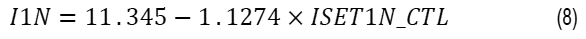 Each of these control voltages is applied through a control resistor to the ISET2N and ISET1N pins setting the current limit threshold, ranging from 0 A to 35 A at the boost input and 0.07 A to 10 A at the boost output, as described in Equation 8.