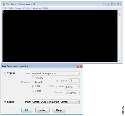 Tera Term COM5 for USB Transmission to the RS-232 Port on the EVAL-CN0373-EB1Z Board