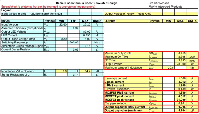 Figure 5. Design spreadsheet. To get the spreadsheet for use in your design, contact your local Maxim sales office