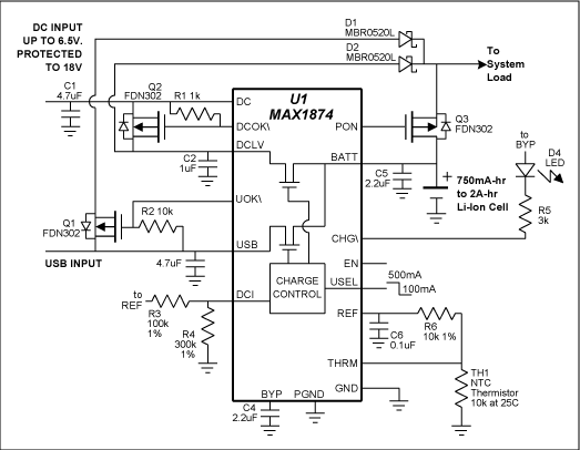 Figure 4. SOT-23 power MOSFETs add useful features such as over-voltage protection and battery disconnect when external power is applied. The active power source drives the system directly while the battery charges unloaded.