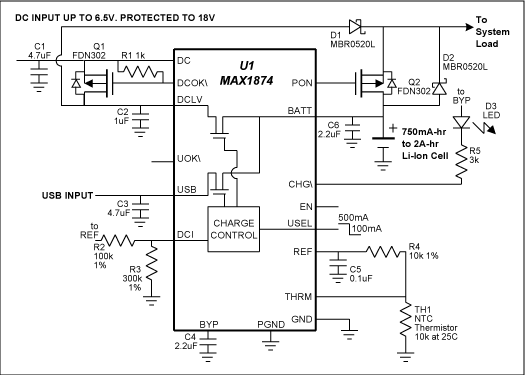 Figure 5. A simplified design does not pass USB power to directly to the load, but does so for the DC input. When USB is connected, the system is still powered, but from the battery while it also is charging.