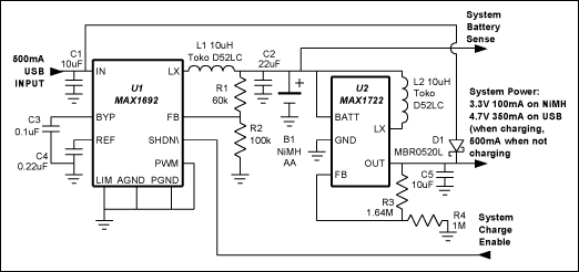 Figure 6. Simple NiMH charge/power supply arrangement automatically hands off power to USB without a complex MOSFET switch array.