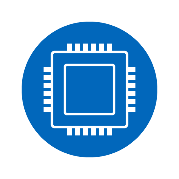 white integrated circuit icon on blue background
