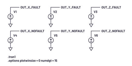 Figure 11. LTspice schematic showing voltage outputs for faulty and non-faulty vibration data.