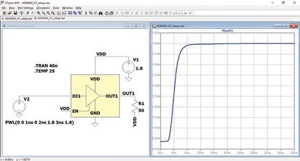 Figure 24. ADxxxx setup and plot of DOUT1 rising waveform with a VDD referenced 50 Ω load.