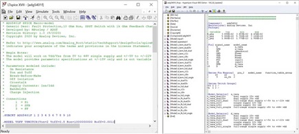 Figure 1. A SPICE file (.cir) on the left using LTspice and IBIS file (.ibs) on the right using Siemen’s HyperLynx.