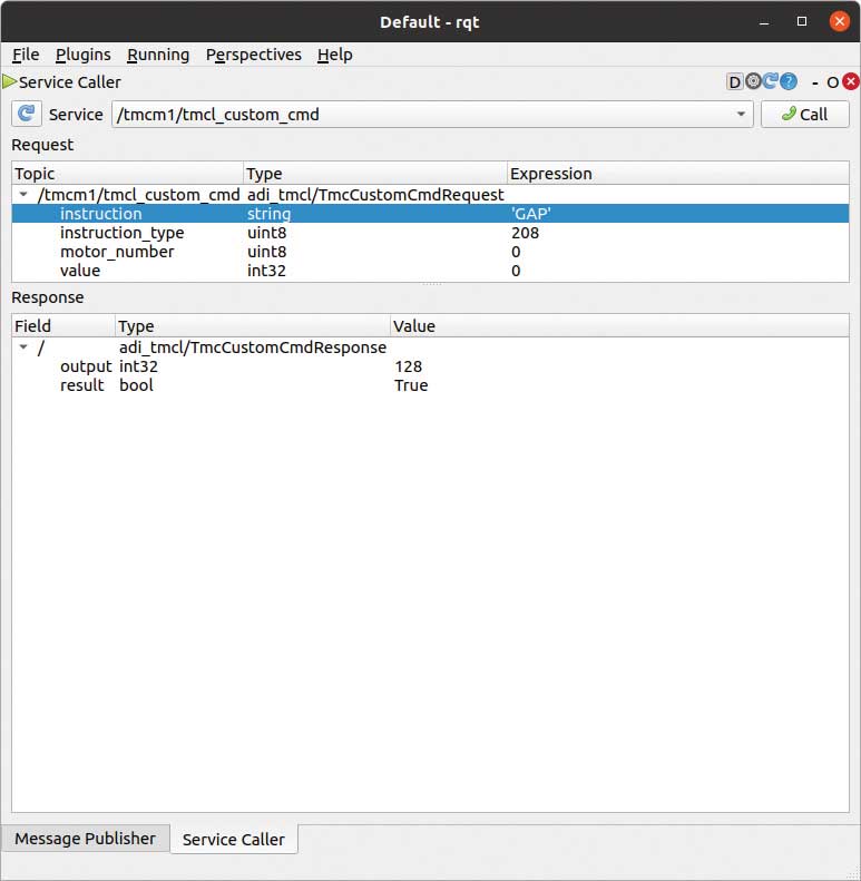Figure 11. Triggered tmcl_custom_cmd service via RQT.