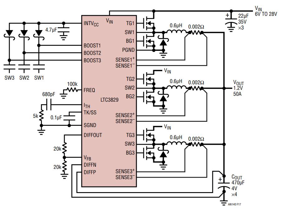 図17.LTC3829を使用した3相、単一出力の大電流降圧コンバータ
