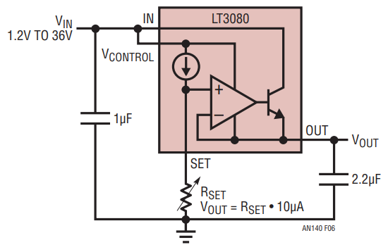 図6.高精度電流源リファレンスを備えたLDO LT3080の1本の抵抗による設定