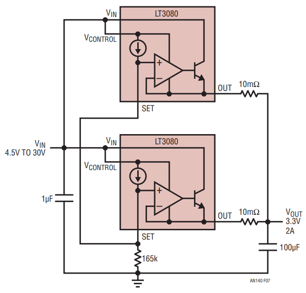 図7.2つのLT3080リニア・レギュレータの並列接続による出力電流の増大