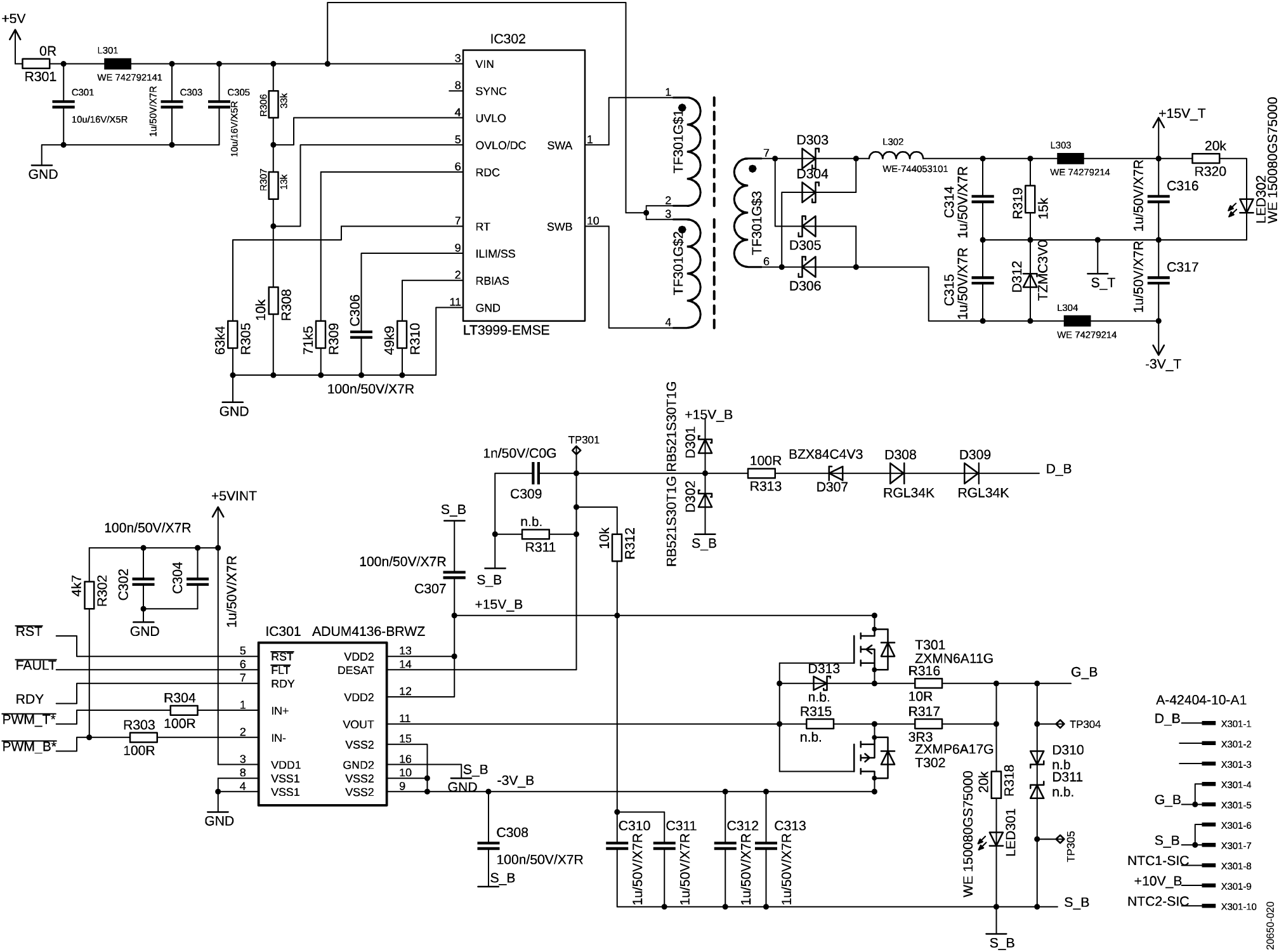 図 20. ADuM4136 ゲート・ドライブ・ボードの回路図（ローサイドの絶縁された電力とゲート信号）